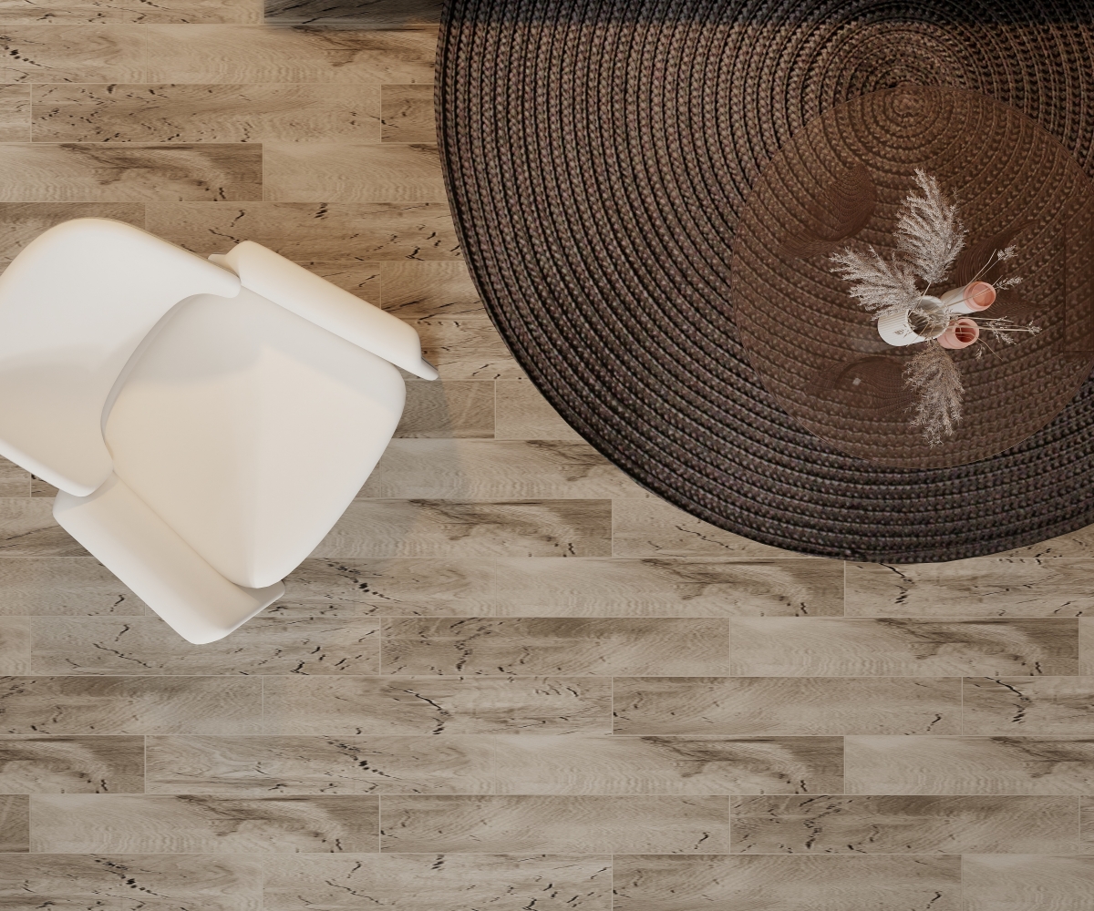 Gạch lát nền 15x90 E-MOL M02 được lắp đặt theo dạng ván vuông, thể hiện chân thực vẻ đẹp của sàn gỗ tự nhiên